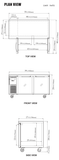 JUR-60-G-N manufacturer top, front and side plan views; cabinet depth excludes 1 in rear spacers and cabinet height excludes 5 in caster height.