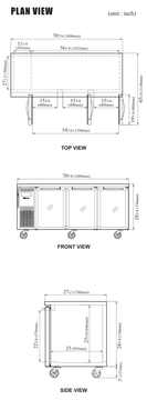 JUR-72-G-N manufacturer top, front and side plan views; cabinet depth excludes 1 in rear spacers and cabinet height excludes 5 in caster height.