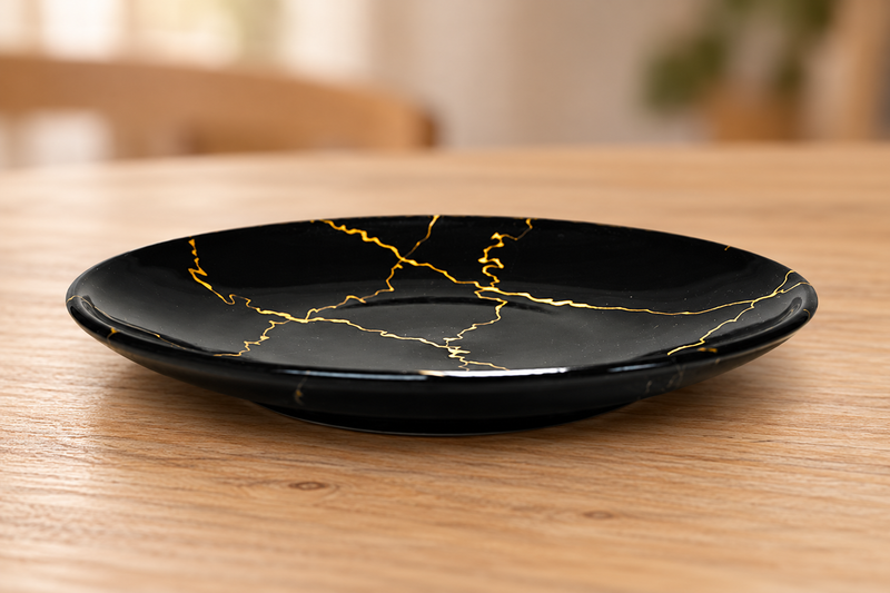 K210-LIT1 black ceramic plate with gold-colored lines on a wood table