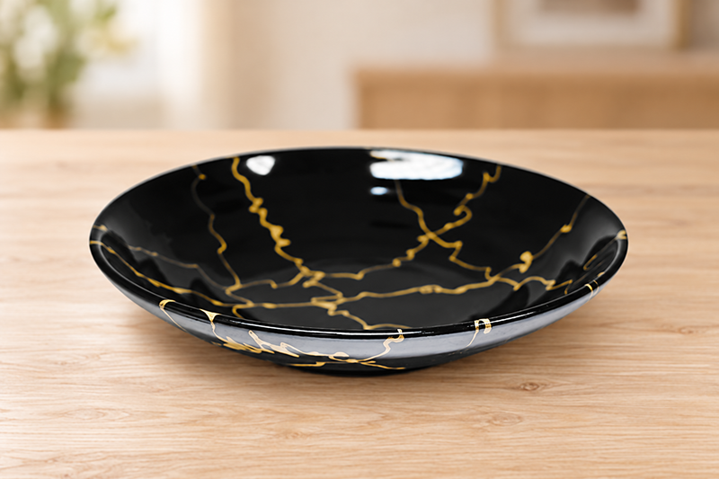 K590-LIT1 black ceramic plate with gold-colored lines on a wood table