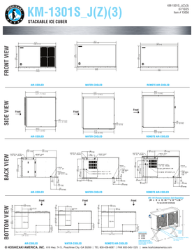 Hoshizaki KM-1301SAJ/3, KM-1301SWJ/3 and KM-1301SRJZ/3 official shared dimensions; use selected cooling-type connections