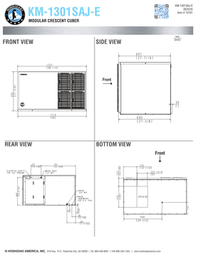 Hoshizaki KM-1301SAJ-E official 50 Hz head dimensions and utility connections; bin sold separately