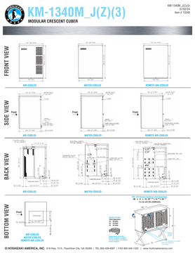 Hoshizaki KM-1340MAJ, KM-1340MWJ and KM-1340MRJZ/3 official shared dimensions; use selected cooling-type connections