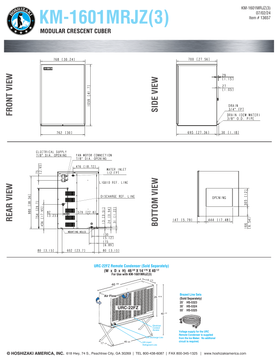 Hoshizaki KM-1601MRJZ and KM-1601MRJZ3 official shared dimensions with URC-22FZ condenser sold separately