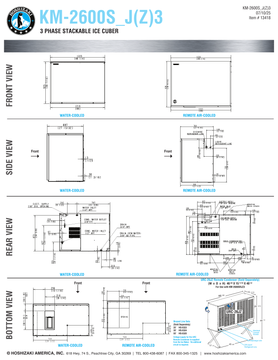 Hoshizaki KM-2600SWJ3 and KM-2600SRJZ3 official shared dimensions; use selected cooling-type connections