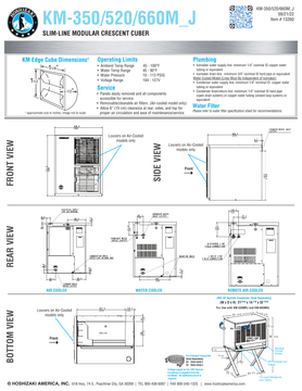 Hoshizaki KM-350MWJ, KM-520MAJ/MWJ and KM-660MAJ/MWJ official shared dimension sheet; use connections for the selected cooling type