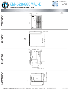 Hoshizaki KM-520MAJ-E and KM-660MAJ-E official 50 Hz head dimensions and utility connections