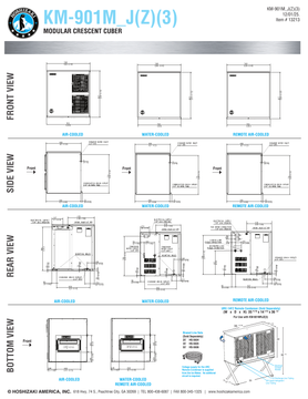 Hoshizaki KM-901MAJ, KM-901MWJ, KM-901MRJZ and KM-901MRJZ3 official dimensions; use selected cooling-type connections