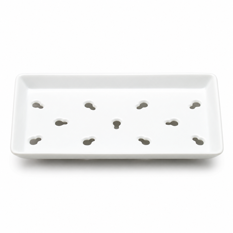 White Perforated Porcelain Sushi Case Plate — 8¾ × 5 in