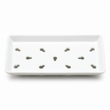 KM5924 white porcelain sushi case plate with eleven gourd-shaped openings in an elevated frontal view