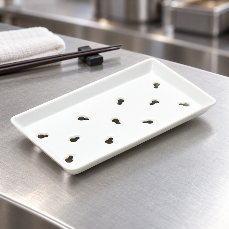 White Perforated Porcelain Sushi Case Plate — 8¾ × 5 in
