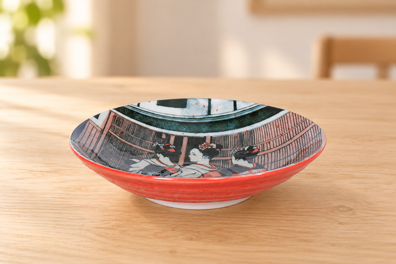 KN286-GE illustrated ceramic deep plate with red exterior on a light wood table