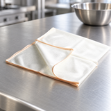 NET1 folded rice steamer mesh cloth with tan bound edges on a stainless preparation counter