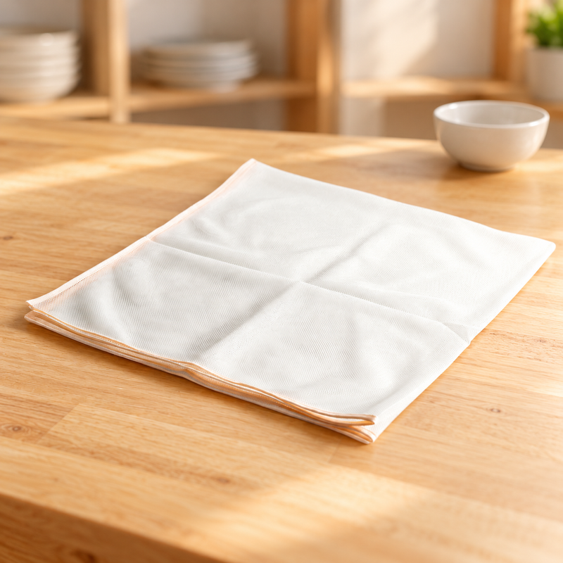 Folded NET1 rice steamer net on a wooden kitchen storage surface