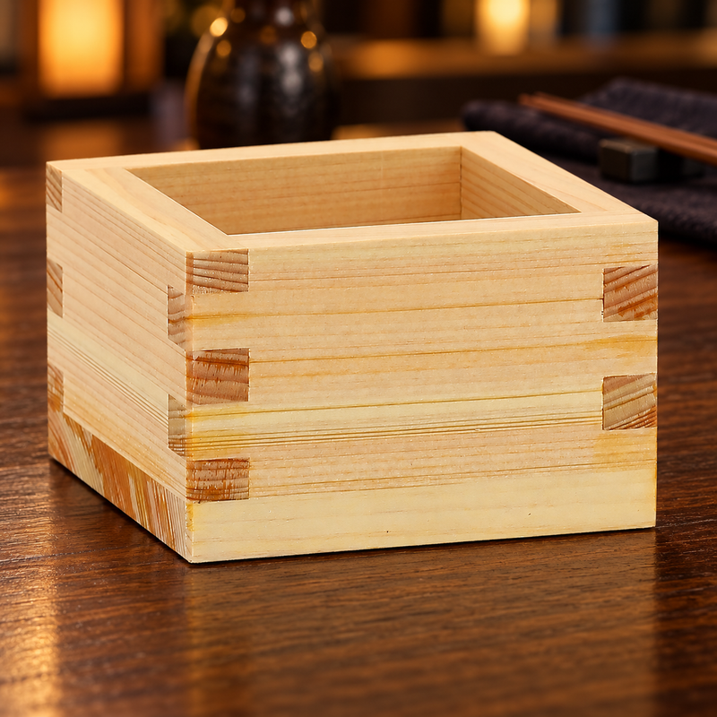 Small wooden OMS-101 sake masu on a restaurant bar