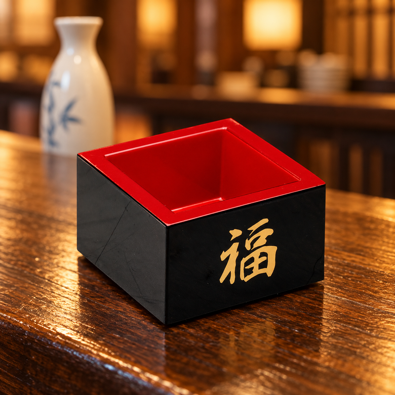 OMS-6 black and red Fuku masu cup on a wooden sake-bar counter