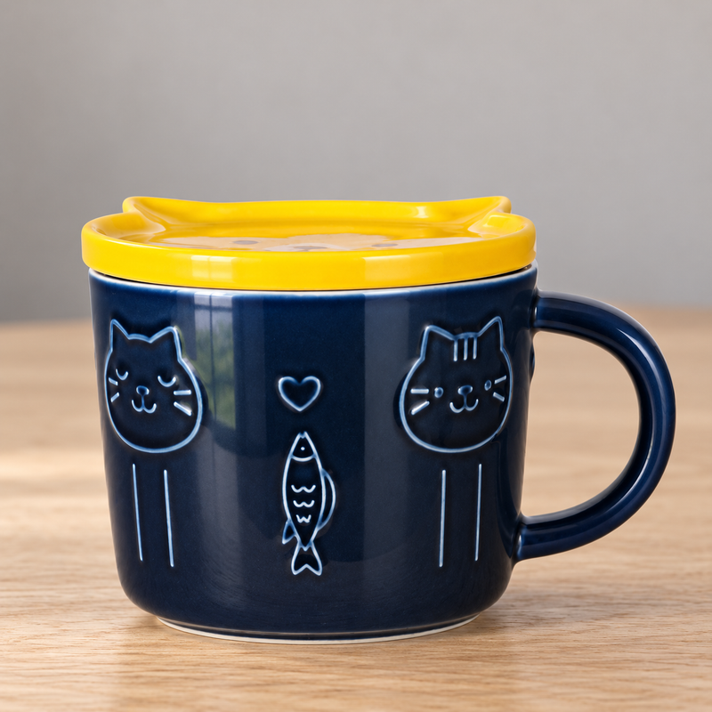 PC41-1 navy cat mug — wooden tabletop setting