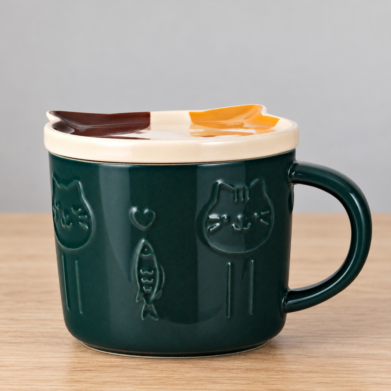 PC41-2 dark green cat mug — wooden tabletop setting