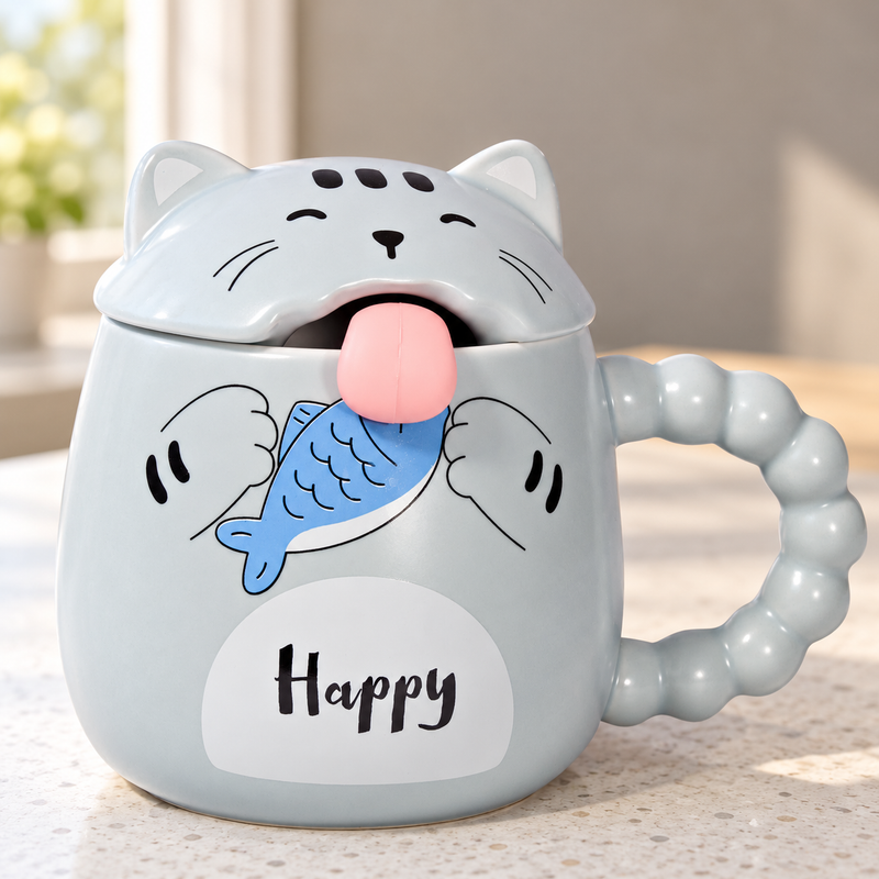 12 oz Blue-Gray Cat Mug with Domed Lid — 4¼ in H