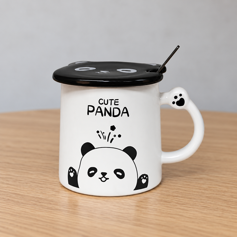 12 oz White Panda Ceramic Mug with Lid and Spoon — 4 in H