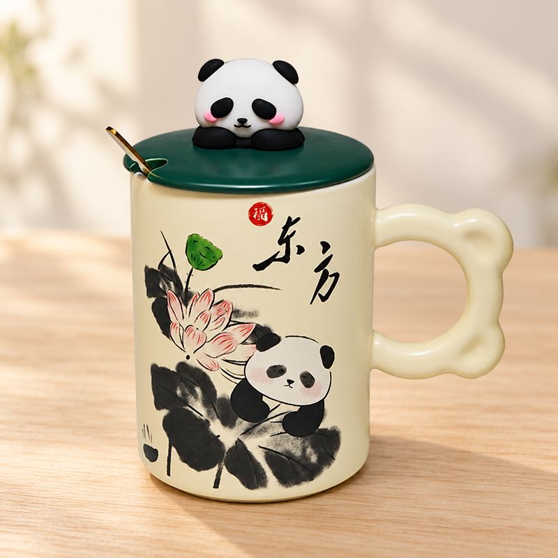 14 oz Cream Panda Ceramic Mug with Lid — 5½ in H