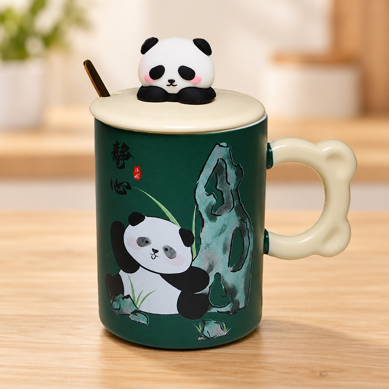 14 oz Dark Green Panda Ceramic Mug with Lid — 5½ in H