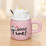 PC63-1 pink GOOD times cat mug with cat-shaped lid on a pale wood tabletop