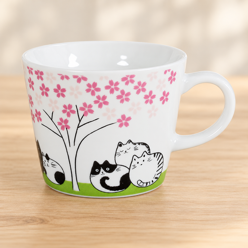 12 oz Cat and Blossom Tree Ceramic Mug — 3¼ in H