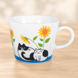 PH72-C2 cat and sunflower mug on a pale wood tabletop
