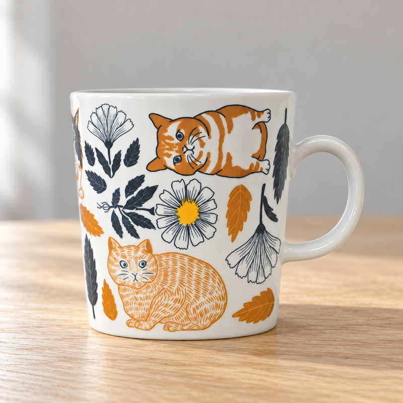 Orange tabby cat and flower mug in a tabletop setting