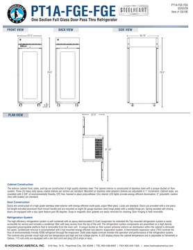 Hoshizaki PT1A-FGE-FGE original manufacturer front, back, side and plan drawing; 27.5-inch width, 35.75-inch depth and 79.5-inch standard caster height