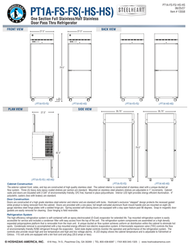 Hoshizaki PT1A-FS-FS-HS-HS original manufacturer front, back, side and plan drawing; 27.5-inch width, 35.75-inch depth and 79.5-inch standard caster height; source plan labels 82.5-inch open depth versus table 87.25 inches, see note
