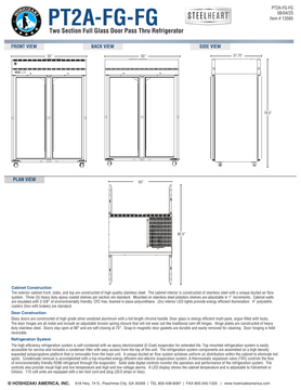 Hoshizaki PT2A-FG-FG original manufacturer front, back, side and plan drawing; 55-inch width, 37.75-inch depth and 79.5-inch standard caster height