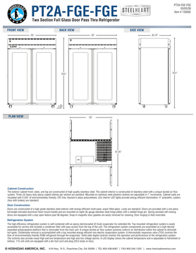 Hoshizaki PT2A-FGE-FGE original manufacturer front, back, side and plan drawing; 55-inch width, 35.75-inch depth and 79.5-inch standard caster height