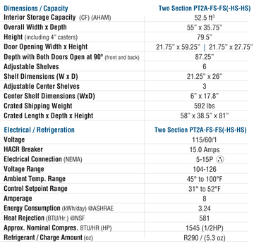 Hoshizaki PT2A-FS-FS-HS-HS original manufacturer complete dimension and electrical specification tables; model captions and test-condition labels retained; published source differences explained in product note