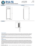 Hoshizaki R1A-FG official front, side and plan dimensions; 27.5-inch width, 34.5-inch depth and 79.5-inch height; plan labels 59.25-inch door-open depth; manufacturer sources also list 57 inches, see specification note