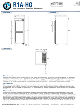 Hoshizaki R1A-HG official front, side and plan dimensions; 27.5-inch width, 34.5-inch depth and 79.5-inch height; plan labels 59.25-inch door-open depth; manufacturer sources also list 57 inches, see specification note