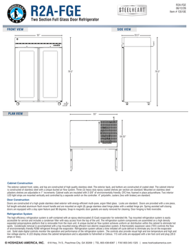 Hoshizaki R2A-FGE official front, side and plan dimensions; 55-inch width, 33.5-inch depth and 79.5-inch height; original plan labels 59.25-inch door-open depth while table and webpage list 57 inches, see specification note