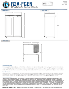 Hoshizaki R2A-FGEN official complete dimensions page; 52-inch width, 33.5-inch depth, 79.5-inch caster height and 57.75-inch door-open depth