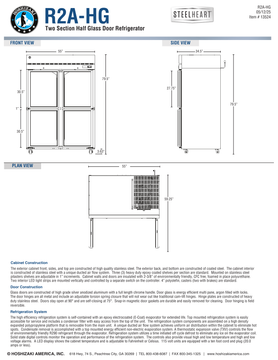 Hoshizaki R2A-HG official front, side and plan dimensions; 55-inch width, 34.5-inch depth and 79.5-inch height; plan labels 59.25-inch door-open depth; manufacturer sources also list 57 inches, see specification note