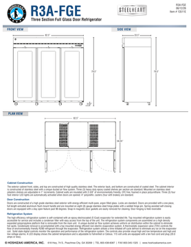 Hoshizaki R3A-FGE official front, side and plan dimensions; 82.5-inch width, 33.5-inch depth, 79.5-inch caster height and 59.25-inch door-open depth; source-specific details in specification note