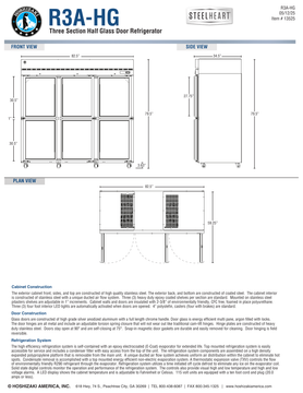 Hoshizaki R3A-HG official front, side and plan dimensions; 82.5-inch width, 34.5-inch depth, 79.5-inch caster height and 59.25-inch door-open depth; source-specific details in specification note