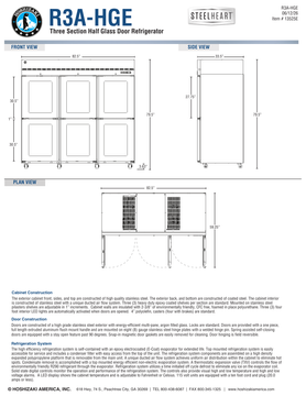 Hoshizaki R3A-HGE official front, side and plan dimensions; 82.5-inch width, 33.5-inch depth, 79.5-inch caster height and 59.25-inch door-open depth; source-specific details in specification note