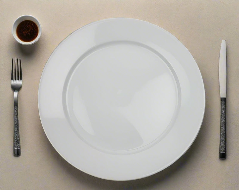 RCN-20 white porcelain round plate with fork, knife and separate sauce dish, original overhead setting