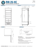 Hoshizaki RM-26-HC original complete dimension and header-sign page, shared by silver/black/white finishes; manufacturer table and drawing dimensions differ as qualified in notes. Confirm delivered height and door clearance. Original drawing swing differs from product photograph.