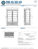 Hoshizaki RM-45-SD-HC original complete dimension and header-sign page, shared by silver/black/white finishes; manufacturer table and drawing dimensions differ as qualified in notes. Confirm delivered height and door clearance.