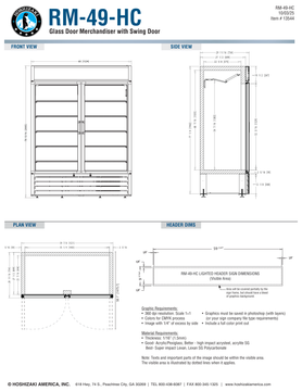 Hoshizaki RM-49-HC original complete dimension and header-sign page, shared by silver/black/white finishes; manufacturer table and drawing dimensions differ as qualified in notes. Confirm delivered height and door clearance.