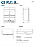 Hoshizaki RM-49-HC original complete dimension and header-sign page, shared by silver/black/white finishes; manufacturer table and drawing dimensions differ as qualified in notes. Confirm delivered height and door clearance.