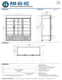 Hoshizaki RM-65-HC original complete dimension and header-sign page, shared by silver/black/white finishes; manufacturer table and drawing dimensions differ as qualified in notes. Confirm delivered height and door clearance.