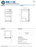 Hoshizaki RM-7-HC original complete dimension and header-sign page, shared by silver/black/white finishes; manufacturer table and drawing dimensions differ as qualified in notes. Confirm delivered height and door clearance.